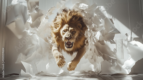 A lion breaks through a wall of paper, emerging with an aggressive expression.