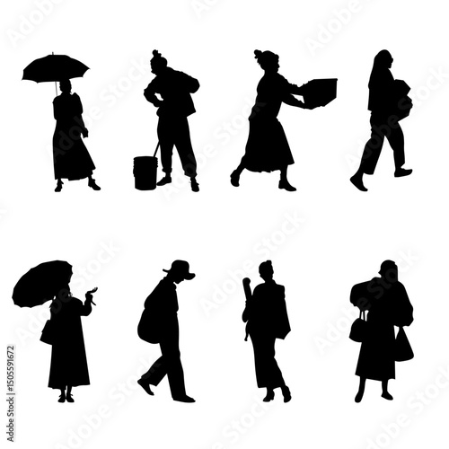 Silhouettes of people working in different fields. Cleaners, gardeners and others