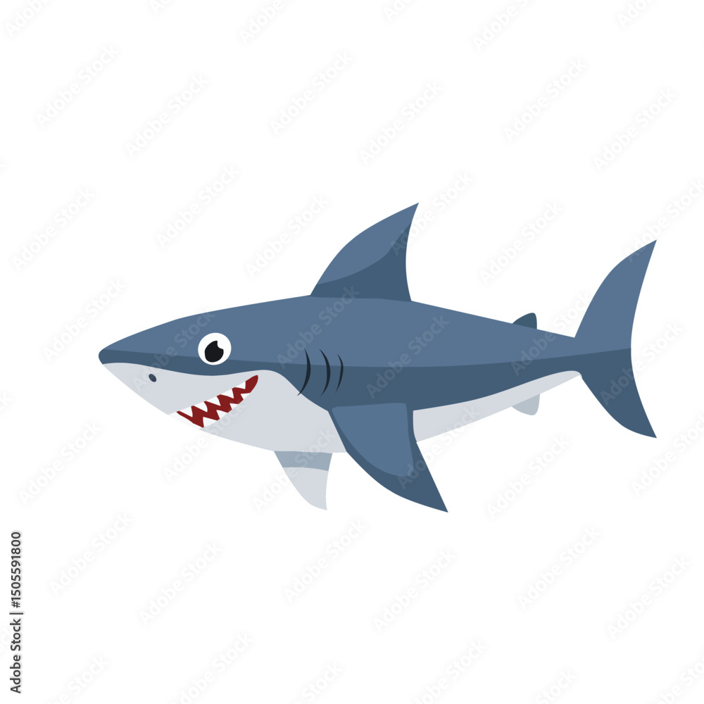 Obraz premium A cartoon shark illustration with a big smile and sharp teeth, in a simple vector style. Ideal for ocean themes, educational content, or fun marine character sets