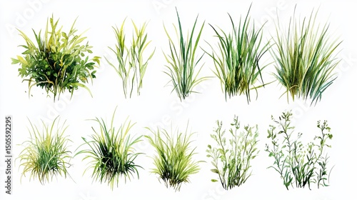 Watercolor set of green grass and bush elements isolated on white, botanical illustration collection