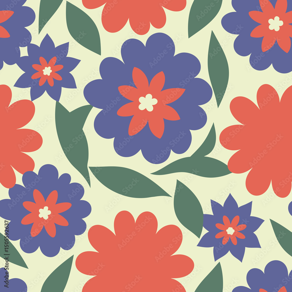 Playful floral pattern in retro style with bold flowers and repeating foliage elements Playful floral pattern in retro style with bold flowers and repeating foliage elements