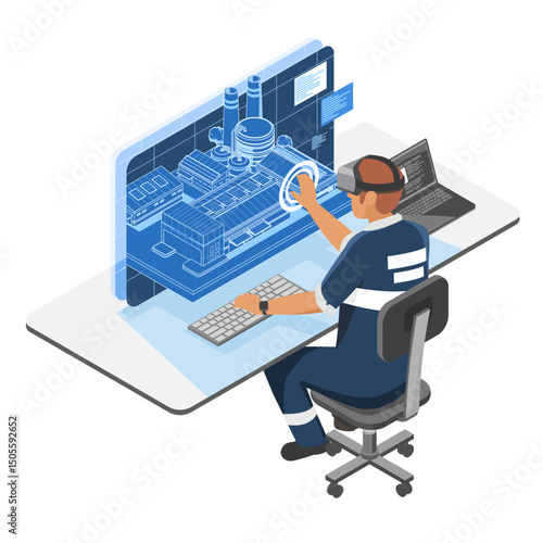 Industrial engineer using augmented reality and digital twin interface to operate and monitor smart factory equipment in a modern control room setting