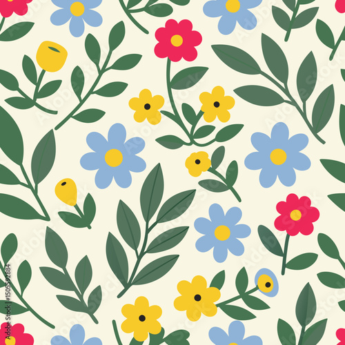 Vibrant and playful floral seamless pattern with repeating flowers and lush greenery on cream background