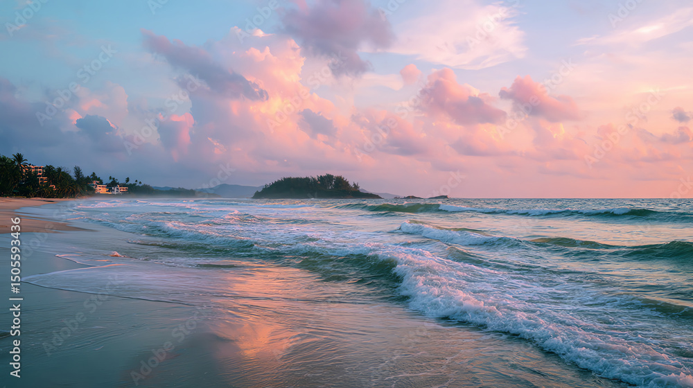 Obraz premium Stunning Beach Sunset with Colorful Sky and Ocean Waves