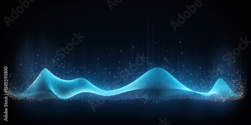 A futuristic, abstract digital wave with blue and white colors, floating in a dark, dark blue space with a few small, glowing particles scattered around.