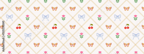 Seamless cute french floral and butterfly pattern with cherry, flower, bow, and tulip. Ideal for kids' fabrics, wrapping paper, wallpapers, scrapbooking, and romantic vintage design. 