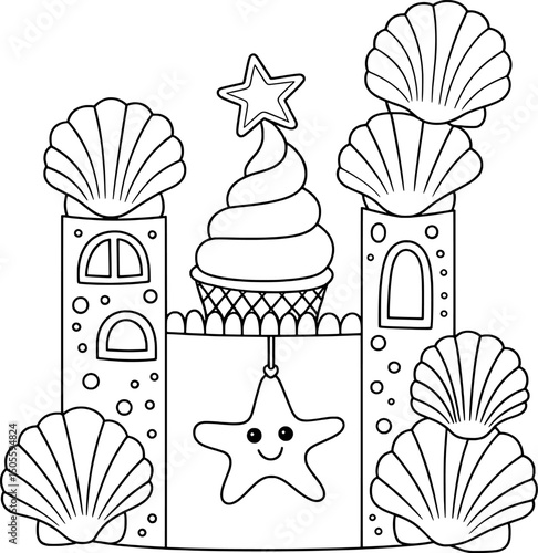 Seashell castle cupcake starfish coloring page