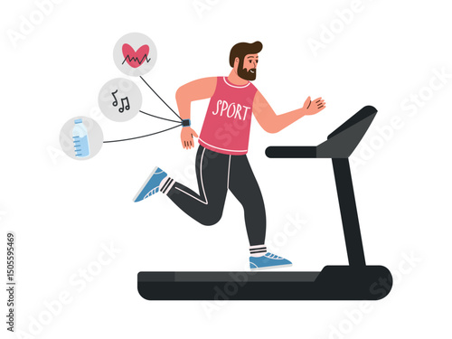 Old man on a treadmill. Vector illustration in a flat style.