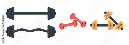 Set of illustrations of weightlifting barbells and dumbbells. Design element for logo