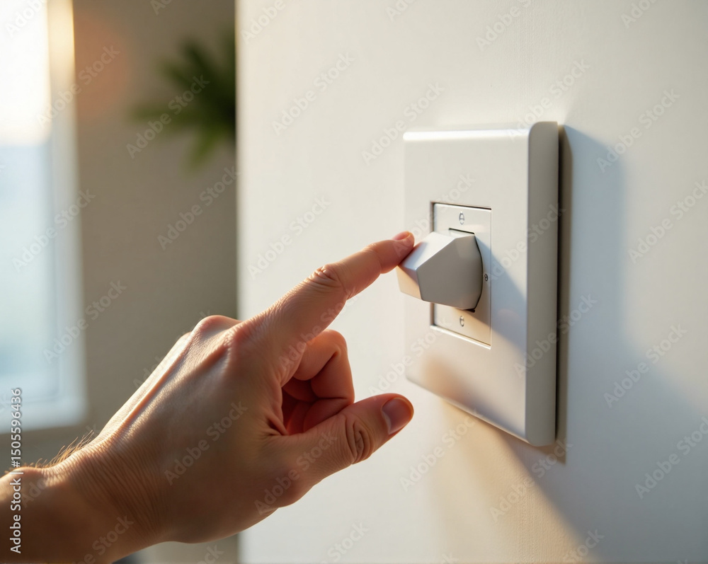 Hand adjusting light switch in modern home interior during sunset Hand adjusting light switch in modern home interior during sunset