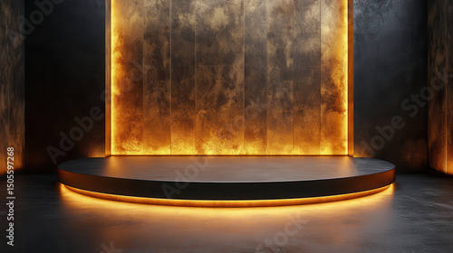 Luxury brand podium with a molten gold effect and dramatic soft lighting for high-end cosmetic or fashion product display