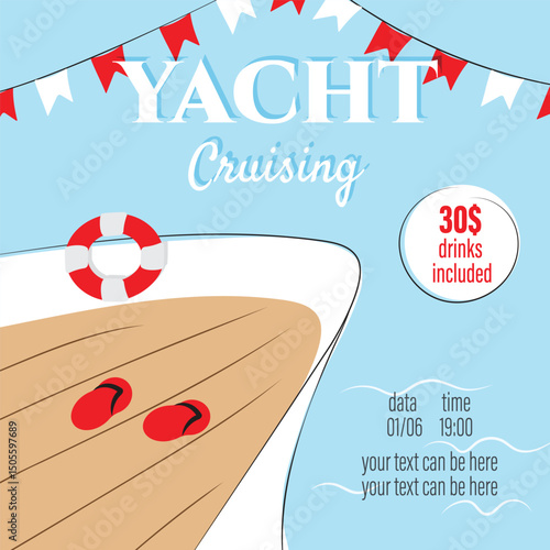Yacht cruise invitation with time, date and address. Color vector illustration in modern thin line style.