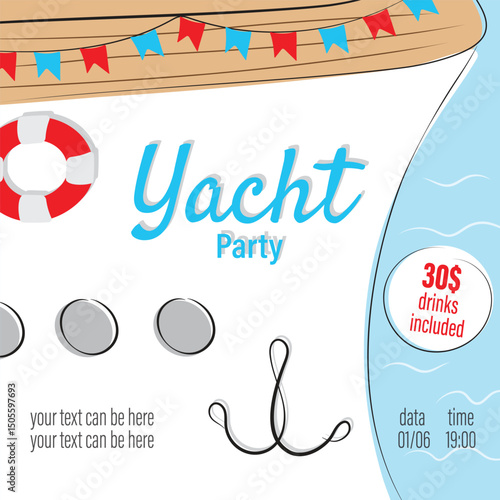 Yacht party invitation with time, date and address. Color vector illustration in modern thin line style.