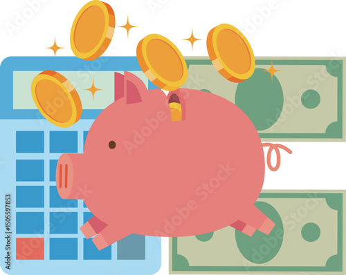 お金とブタの貯金箱