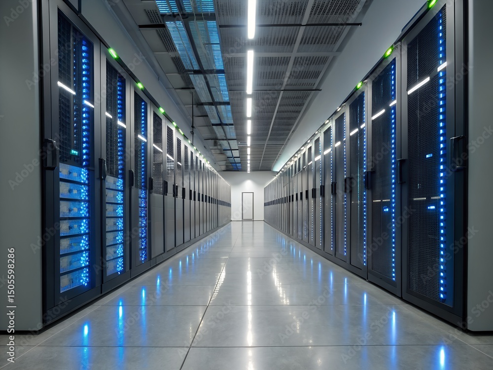 Fototapeta premium Futuristic data center server room aisle with glowing blue lights on racks technology network infrastructure