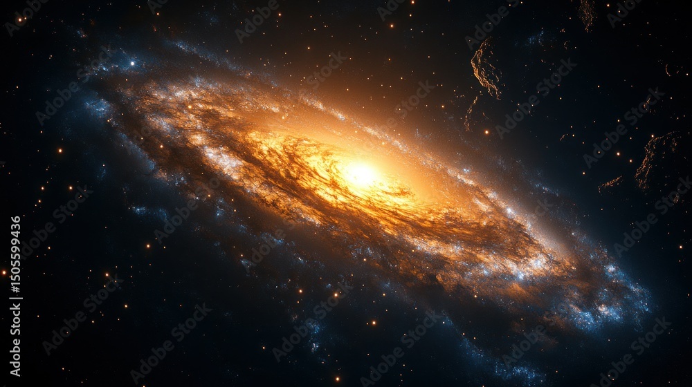 Fototapeta premium Spiral galaxy in deep space. Detailed view of swirling cosmic dust and bright stars