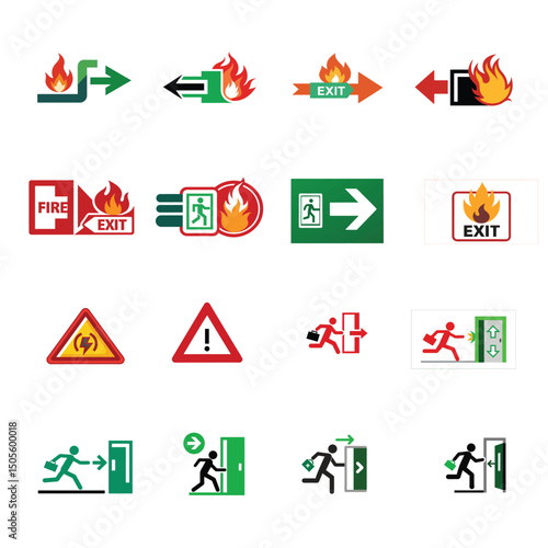 Vector set of emergency exit and fire safety icons in red and green. Features arrows, flames, caution signs, figures in motion. Ideal for safety signage, manuals, fire escape routes, evacuation plans.