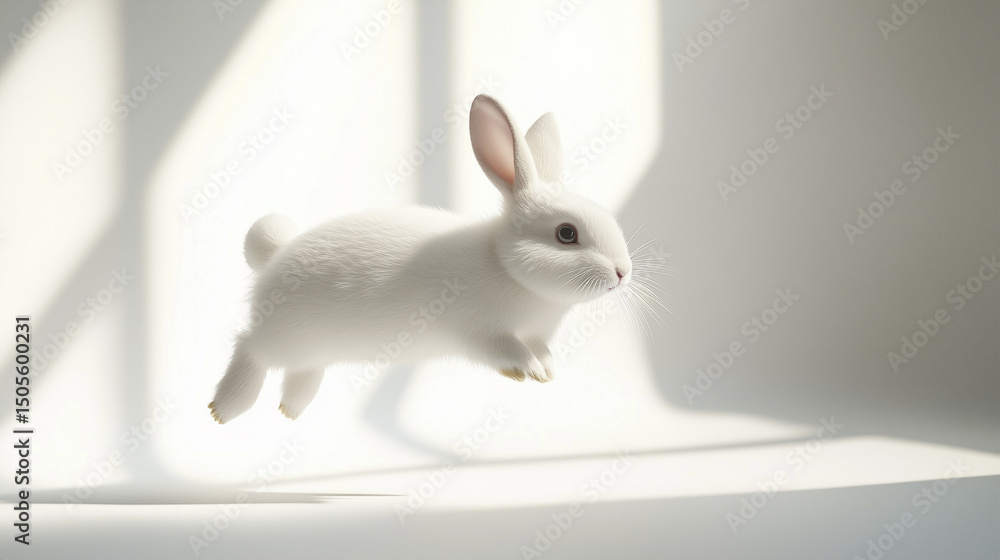 Obraz premium A white rabbit is captured mid-jump, with its ears perked up and eyes focused. The background features soft shadows and light, creating a serene atmosphere.