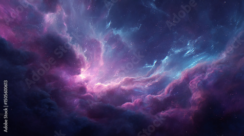 Dramatic cosmic nebula with vibrant purple and blue hues in a vast star filled space