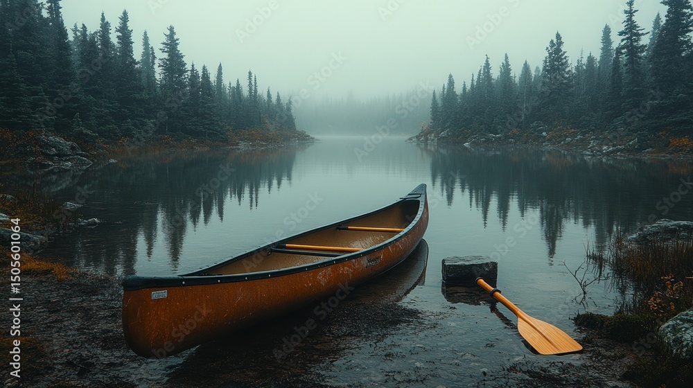 Fototapeta premium Misty lake scene with canoe