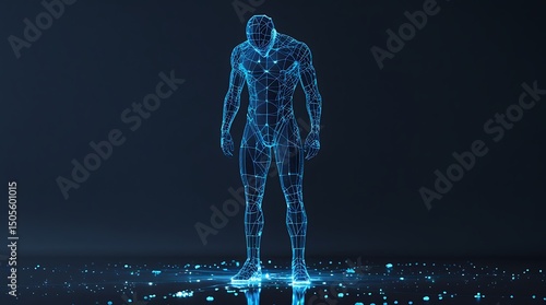 Digital man standing in a dark room with a wireframe body and glowing lights on the ground around him