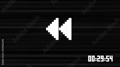 VHS tape rewind big arrows icon symbol middle of the screen effect on 4k Black Screen Film overlay animation with time code on black background screen alpha channel retro vintage style
