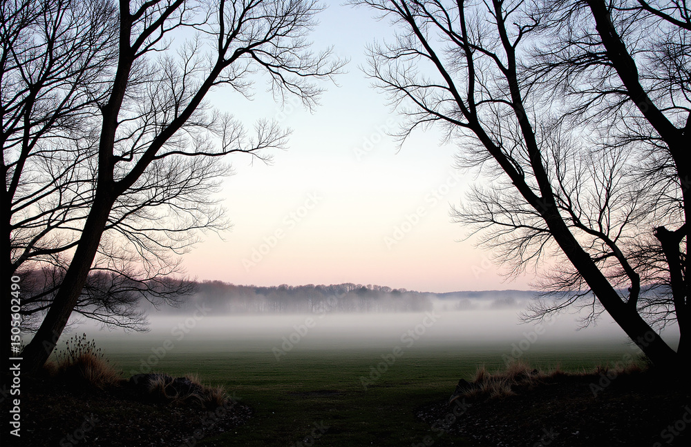 Fototapeta premium Misty dawn landscape framed by bare trees and soft fog