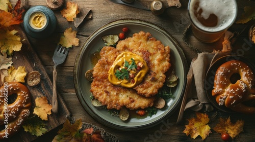 Flat lay of hearty Bavarian meal with schnitzel, pretzel, mustard, and beer, rustic autumn tones