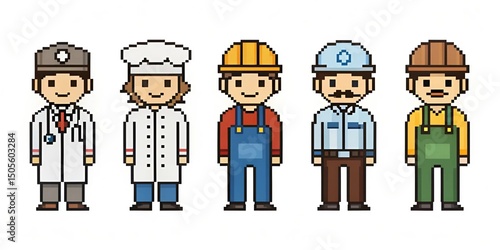Pixel Art Professions Set – 8-bit Characters in Job Outfits on White Background
