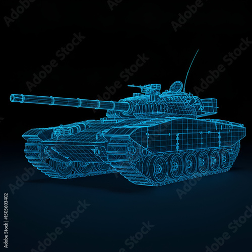 Military tank design with wireframe graphic in a dark background. Detailed 3D model of a modern battle tank, displayed in a wireframe, showcasing its complex mechanical structure.