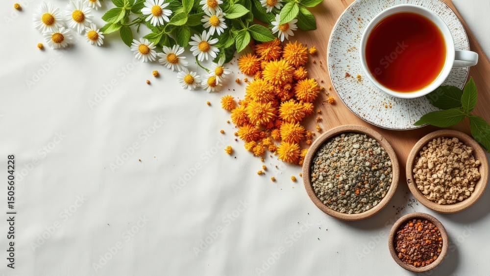 Fototapeta premium Professional flat lay of organic herbal tea ingredients chamomile, peppermint, hibiscus