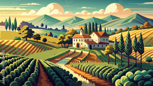 The modern illustration style blends seamlessly with vintage hand-drawn vineyard landscapes, focusing on detailed vine field plantations that evoke tradition through contemporary artistic expression a
