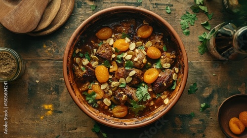 Flat lay of Moroccan tagine with lamb, apricots, and almonds, colorful spices and deep terracotta tones,