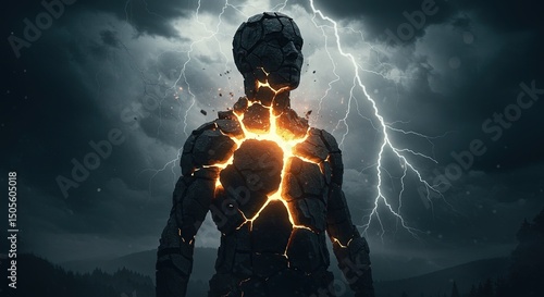 Lightning converges around a fractured humanoid form, radiating molten light through ancient cracks
