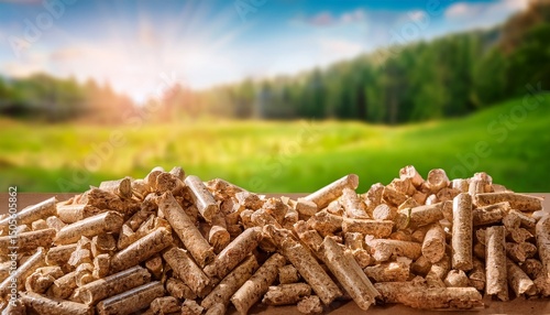 pile of biomass wood pellet on a blurred nature background with copy space eco friendly biofuel pellets made from agricultural waste and it is an alternative fuel to replace coal generative ai