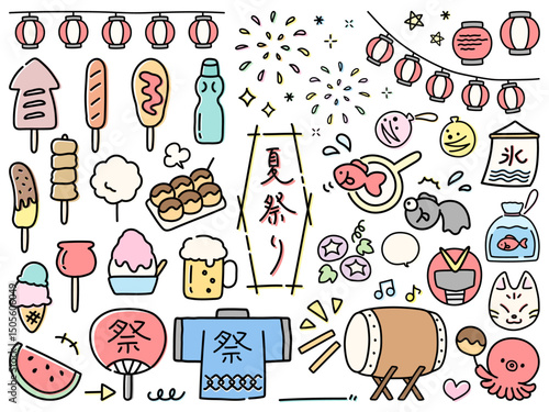 夏祭りの手描きアイコンセット01