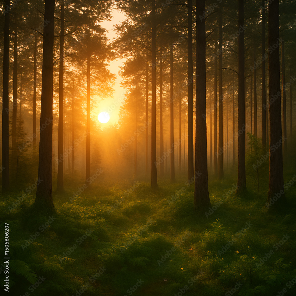 Fototapeta premium Serene Sunrise in a Misty Forest