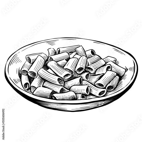 Plate of uncooked rigatoni pasta in black and white illustration, ,for food blog,for cookbooks,cafe menu,for advertising campaigns,for social networks