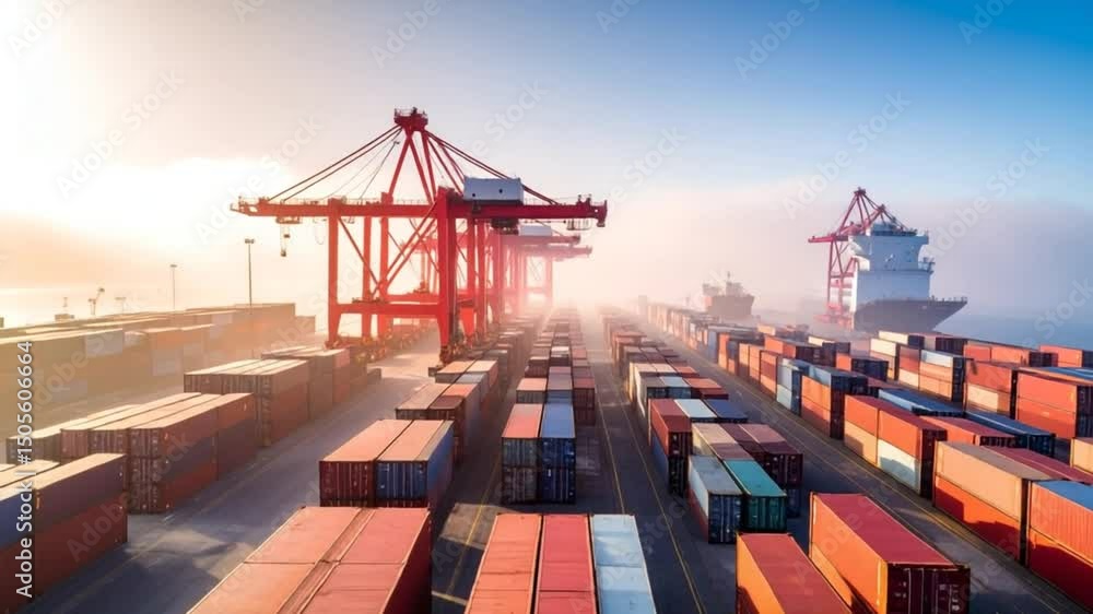 Sunrise at a container terminal with cranes and stacks