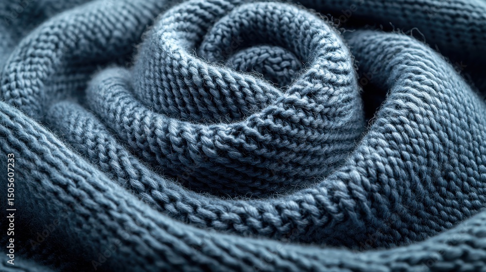 Fototapeta premium Cozy Blue Knitted Fabric Rolled into a Fine Spiral Design