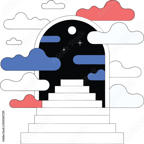 Abstract illustration of stairs leading to night sky with clouds and stars