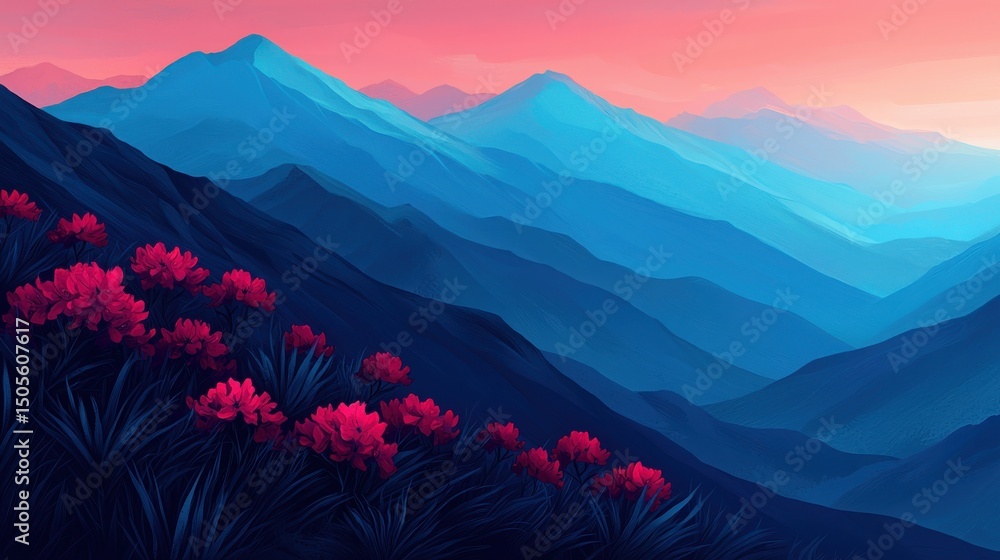 Obraz premium Himalayan Harmony Concept. Serene Landscape of Mountains at Sunset with Vibrant Flowers in Foreground and Gradients in Sky