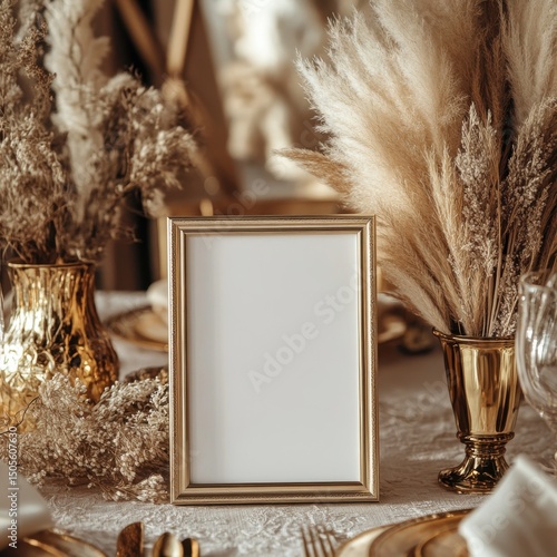 Gold empty table sign with gold vase with pampas grass on festive table, Table sign mockup, Table number