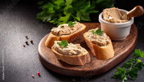 fresh homemade chicken liver pate on baguette with fresh parsley and spices