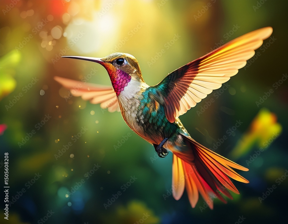 Fototapeta premium flying hummingbird with green forest in background small colorful bird in flight post processed generative ai