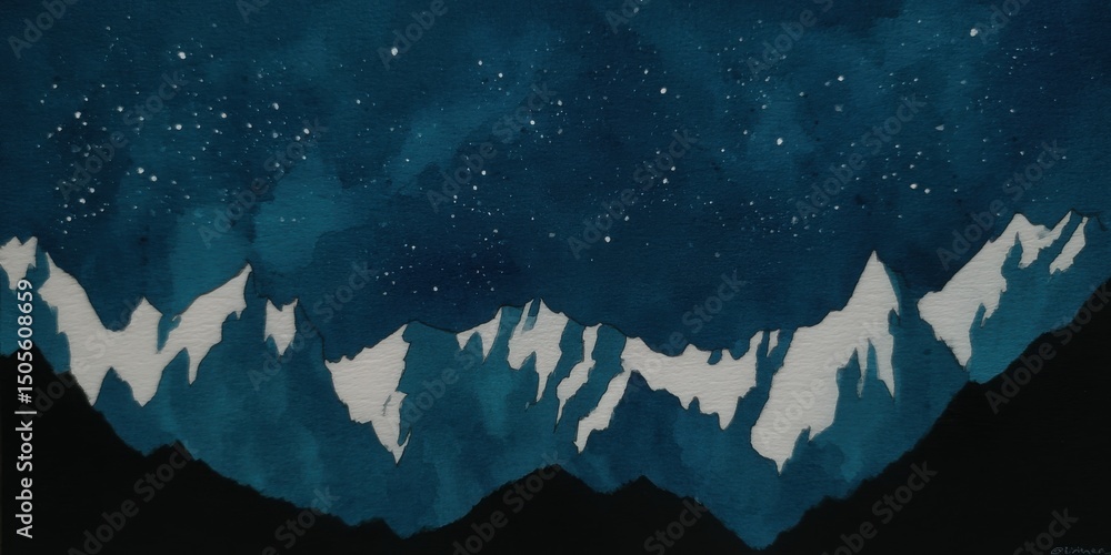 Fototapeta premium Himalayan Harmony Concept. Majestic Mountain Range Under Starry Night Sky in Deep Blue Watercolor Style Art