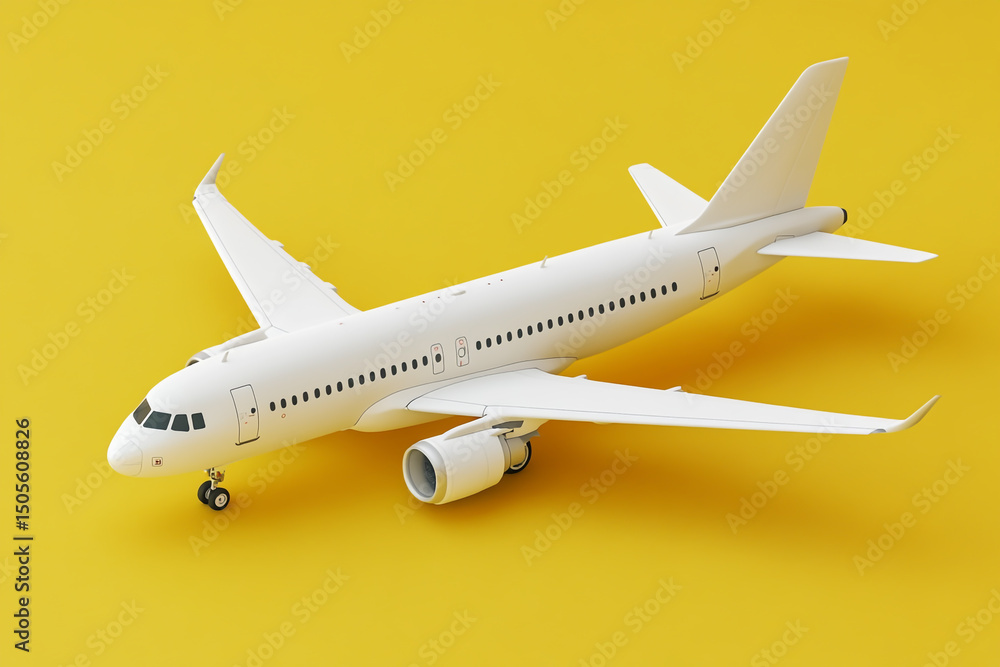 Obraz premium A white airplane model on a yellow background, in an isometric view, high-resolution photography