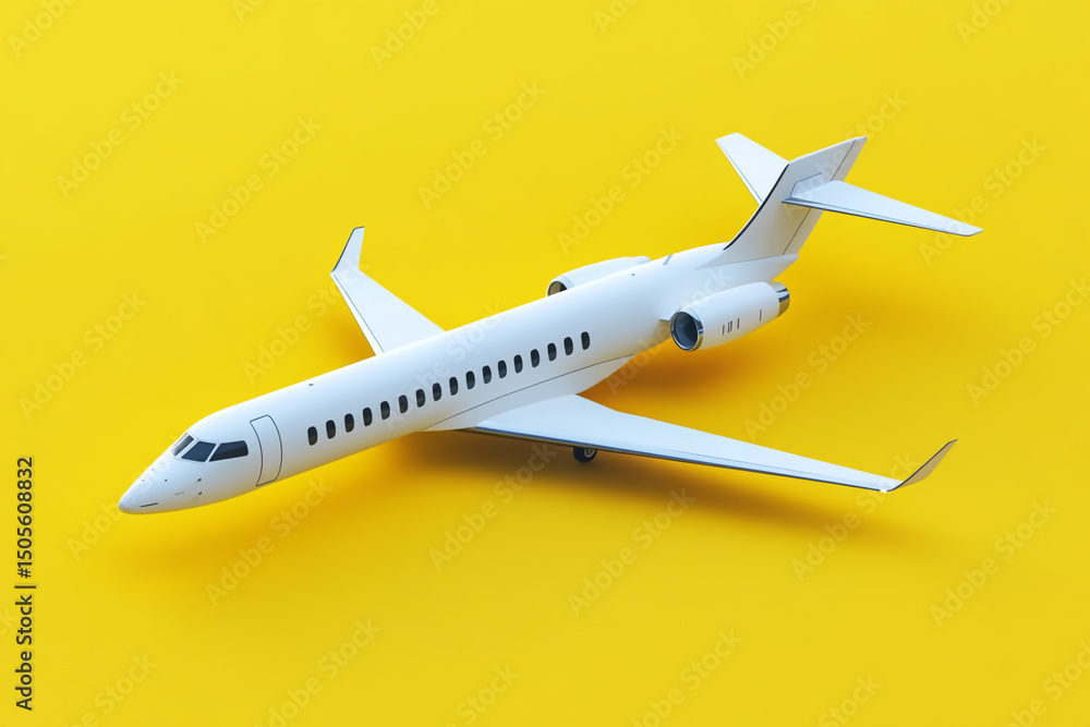 Fototapeta premium A white airplane model on a yellow background, in an isometric view, high-resolution photography