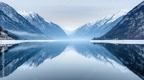 Wallpaper Mural Himalayan Harmony Concept. Serene Winter Landscape Reflected in Calm Water Amidst Snow-Capped Mountains and Foggy Atmosphere Torontodigital.ca
