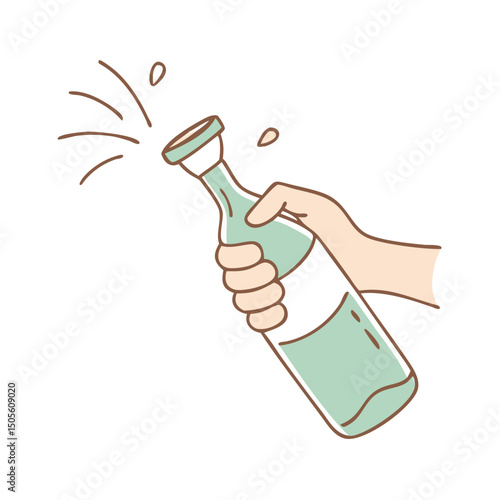 Cartoon Illustration of a Hand Opening a Green Glass Bottle with Force